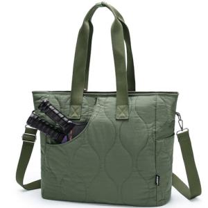 VASCHY Pickleball Tote Bags For Women With Fence Hook, Pickleball Paddle Holder Case Quilted Puffer Work/Gym/Sports Tote for 2 Rackets with Crossbody Strap Green