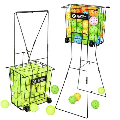 ShelfElites Portable Tennis Ball Hopper & Pickleball Basket - 75 Balls Capacity, Durable Steel Frame with Easy-Grip Handle, Multi-Sport Ball Collector for Training & Practice (Black)