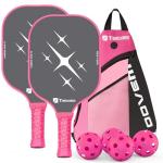 Toovem Max T2 Pink Pickleball Paddles for Women – T300 Carbon Fiber Lightweight Racket, Cute Design, Comfort Grip, Large Sweet Spot, Bag & 4 Pink Balls – Perfect Pickleball Gifts for Women
