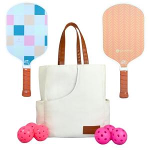 Premium Pickleball Set | Designer Canvas Tote Bag, 2 Textured Fiberglass Pickleball Paddles, 6 Outdoor Pickleballs | Pickle Ball Rackets 2 Pack | Lightweight & USA Pickleball Quality