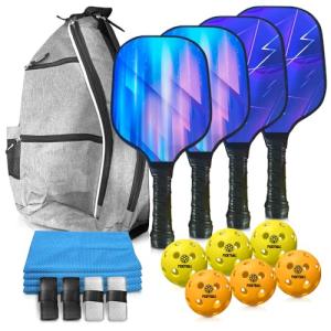 PICKYBALL-Pickleball Paddle Set of 4 USAPA Approved with Fiberglass Surface - Set with 6 Pickle Ball, Pickle Ball Set Grip, Bag, Cooling Towels- Pickleball Set of 4 with Accessories