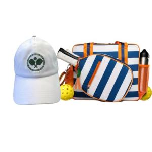 Lola Pickleball Tote Navy Stripes- Designer Series Pickleball Bag for Women and White Cap for Women – Lightweight, Moisture-Wicking, Adjustable Hat with Embroidered Design