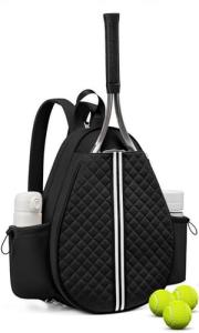 Lufstd Tennis Bags for Women, Quilted Tennis Sling Crossbody Backpack with Hook, Water Resistant Tennis Racket Bags Suitable for Pickleball Badminton, Black
