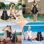 Lufstd Tennis Bags for Women, Quilted Tennis Sling Crossbody Backpack with Hook, Water Resistant Tennis Racket Bags Suitable for Pickleball Badminton, Black
