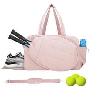 GZSXXTS Tennis Tote Bag with Shoe Compartment - Extra-Large Quilted Pickleball Bag Holds 2-4 Rackets, Water-Resistant & Lightweight for Men & Women (Baby Pink)