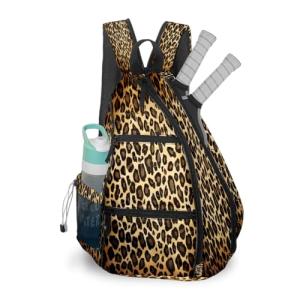 Counullo Pickleball Bag Backpack with Padded Shoulder Straps, Brown Leopard Print Multi-Compartment Sports Bag for Paddles & Gear, Lightweight Nylon Tennis Gym Duffel Bag for Men & Women