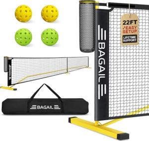BAGAIL Portable Pickleball Net Set, 22 FT Regulation Size Pickle Ball Net with Ball Collector, Carry Bag, Easy Setup for Outdoor Indoor Driveway - Yellow