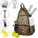 Counullo Pickleball Bag Backpack with Padded Shoulder Straps, Brown Leopard Print Multi-Compartment Sports Bag for Paddles & Gear, Lightweight Nylon Tennis Gym Duffel Bag for Men & Women