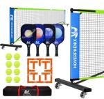 Pickleball Net Set with Wheels, Portable Pickleball Net with Fiberglass Paddles Set of 4, Outdoor Pickleballs, Court Marking Kit and Carrying Bag for Home, Driveway, Backyard