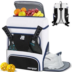 ESCRODOI Pickleball Bag Backpack with Shoe Compartment & Cooler, Large Pickleball Sport Backpack for Men&Women, Multi-Pocket Gym Bags for Sports&Work with Laptop Compartment, White