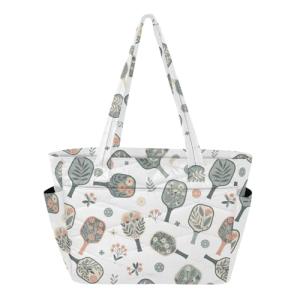 MCHIVER Flower Pickleball White Pattern Quilted Tote Bag for Women Lightweight Puffy Pickleball Tote Bag with Compartments Large Shoulder Handbag for Travel Work Gym