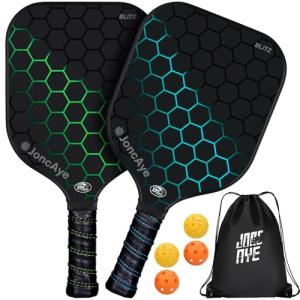 JoncAye Pickle-Ball Racket Set of 2 or 4, Fiberglass Graphite Paddles for Beginners Intermediate, USAPA Approved Pickleball Gear with Balls, Portable Bag, Grip Tape, Comfy Grip for Adults Kids