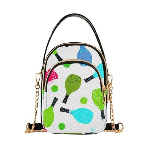 Pickleball Paddles Balls White Women Shoulder Purses Cell Phone Purse Chain Strap Floral Print Zipper Designer Bowler Tote, 5.9" × 8.3" × 3.1"