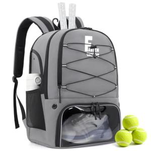 FABIEN CHERON Tennis Bag,Pickleball Bag with Shoe Compartment and Cooler,Fence Hook Design Basketball Backpack for Tennis/Pickleball/Basketball Sport(Grey)