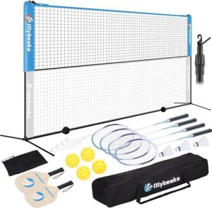17FT Portable Pickleball Badminton Net Set Outdoor, Height Adjustable Multi Sports Net Set for Backyards Beach Driveway with 4 Aluminum Rackets, 2 Pickle Paddles and Carry Bag, Easy Set Up & Durable