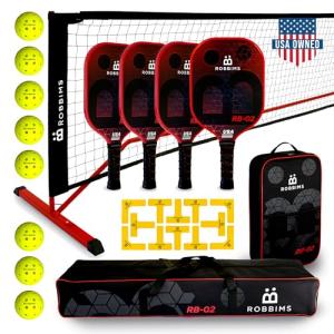 Pickleball Set with Net | 4 USA Pickleball Approved Carbon Fiber Paddles, Portable Regulation Size Net System, 8 Outdoor Balls, Court Marker Kit, Duffle Bag & Carry Bag - ROBBIMS