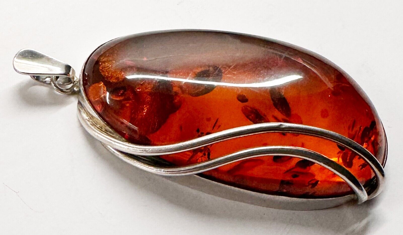 Solid 925 Silver Cognac Baltic Amber Large Pendant