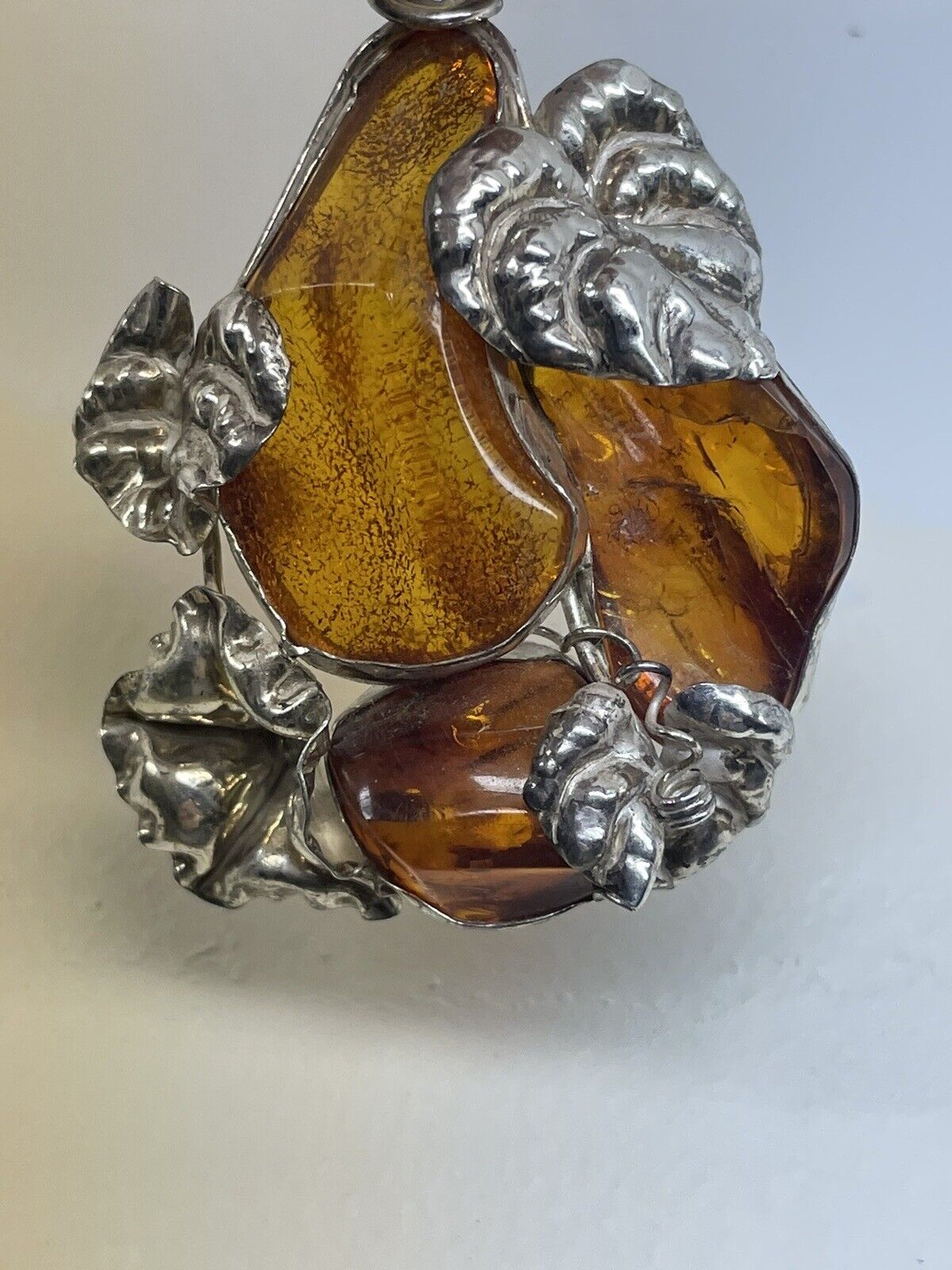 Sterling Silver Art Nouveau Baltic Amber Pendant Vintage