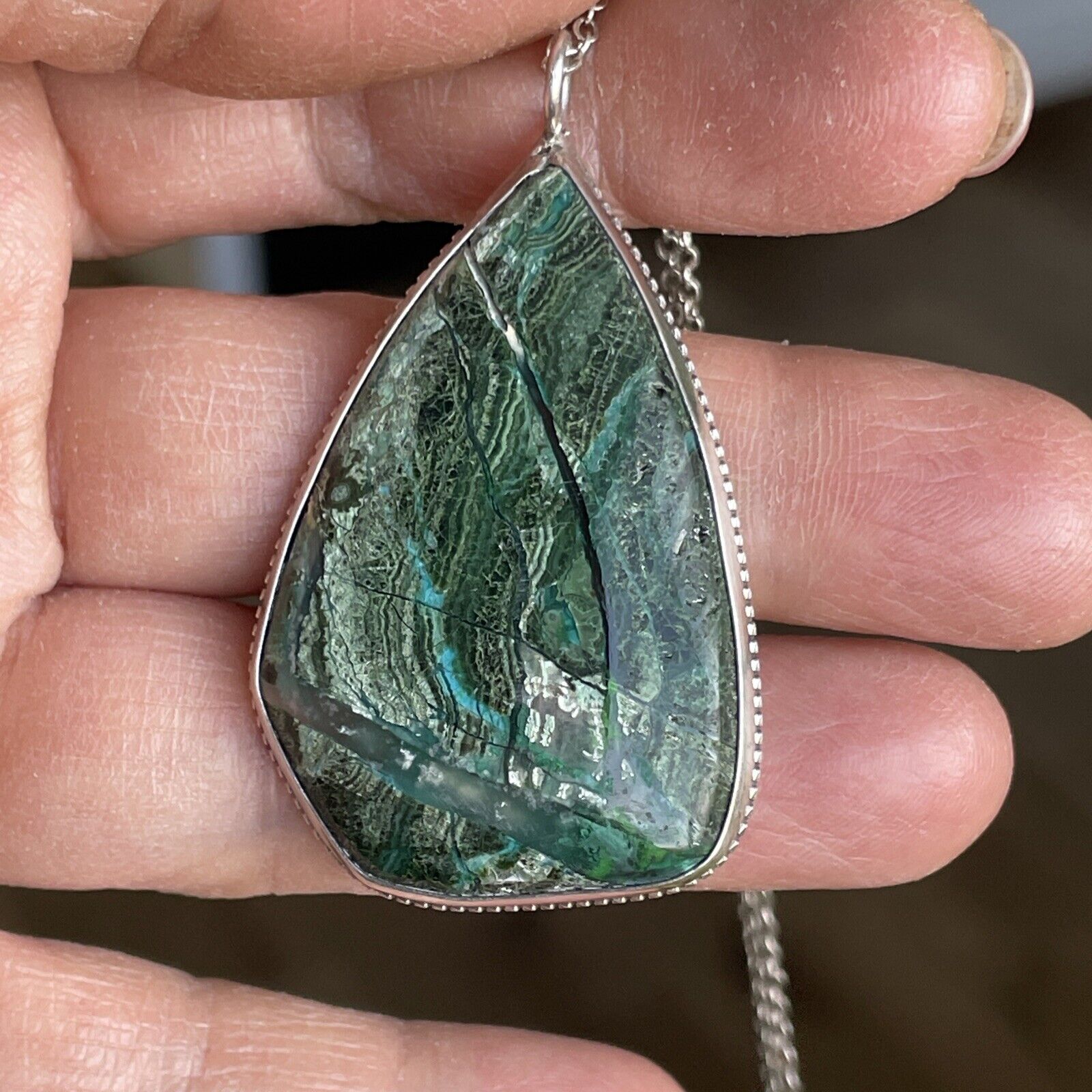 70's Sterling Silver Malachite Chrysocolla Pendant 2" Necklace