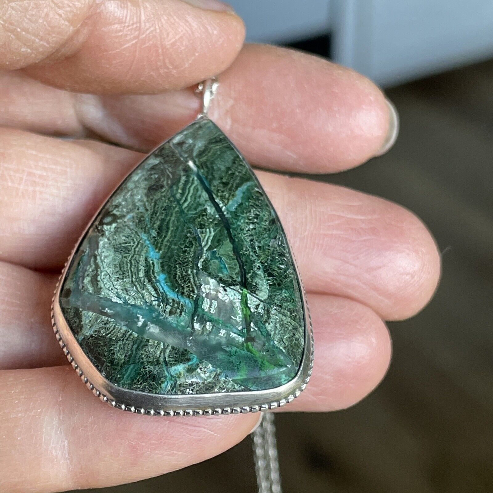 70's Sterling Silver Malachite Chrysocolla Pendant 2" Necklace