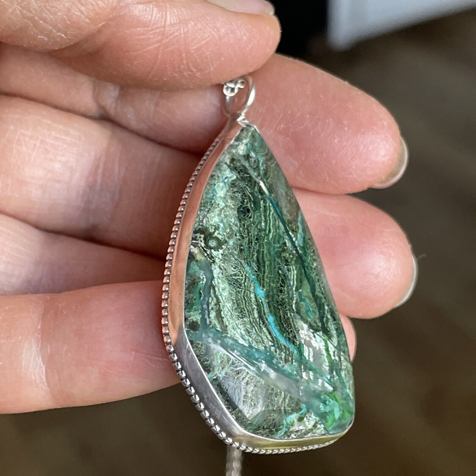 70's Sterling Silver Malachite Chrysocolla Pendant 2" Necklace