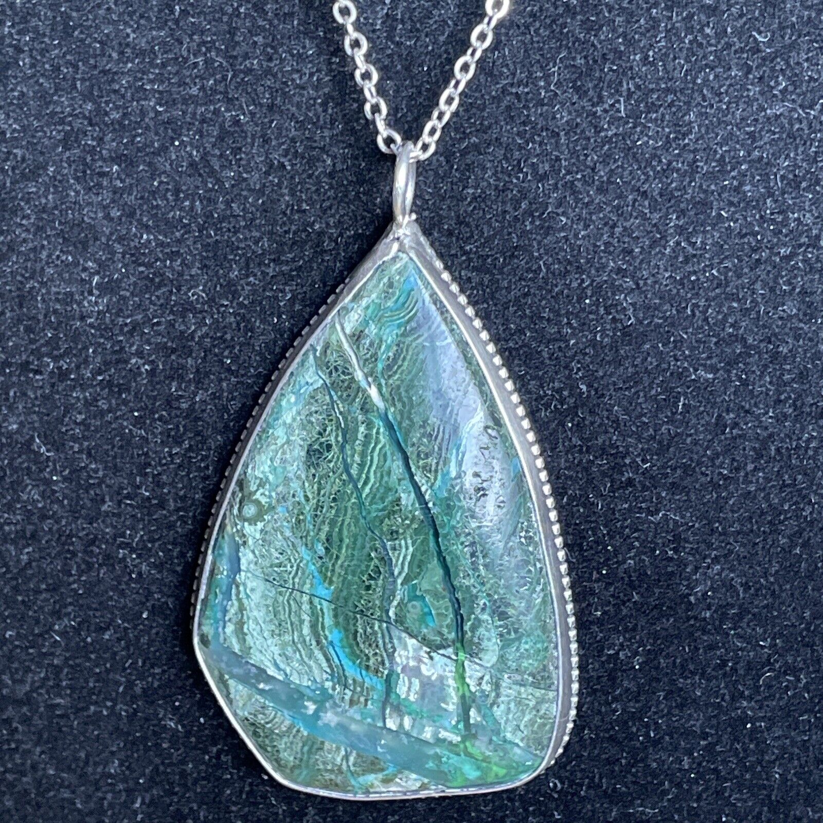 70's Sterling Silver Malachite Chrysocolla Pendant 2" Necklace