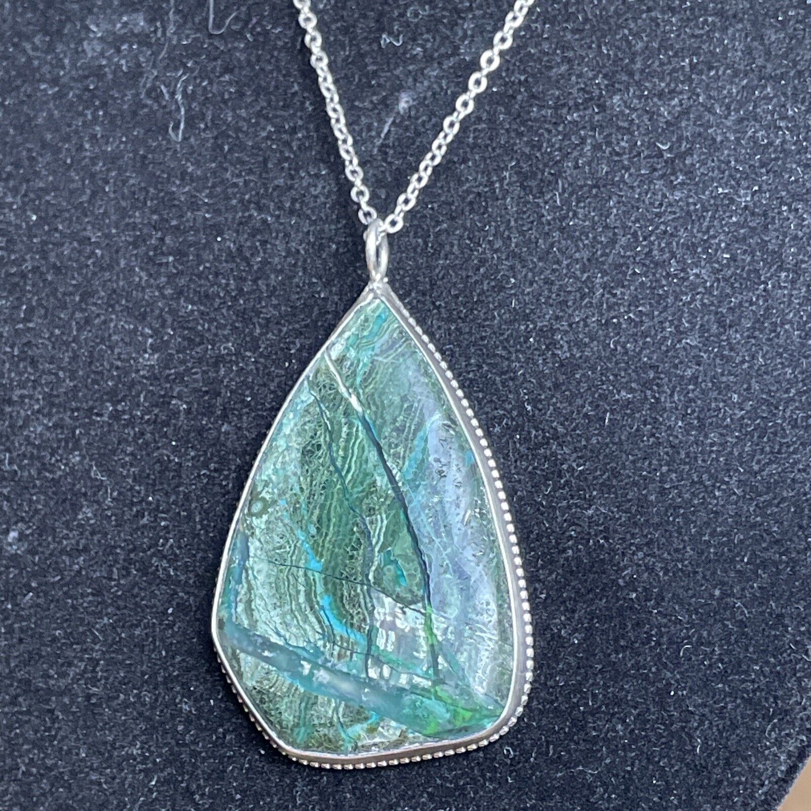 70's Sterling Silver Malachite Chrysocolla Pendant 2" Necklace