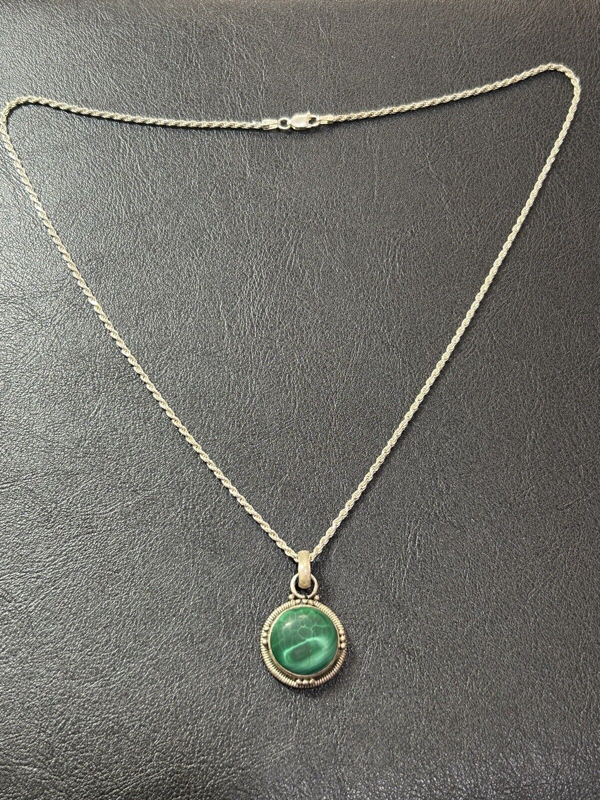 Malachite Pendant Necklace on 20" Sterling Silver Rope