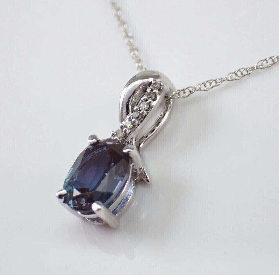 Lab Created Alexandrite Diamond Wedding Pendant 14K White Gold