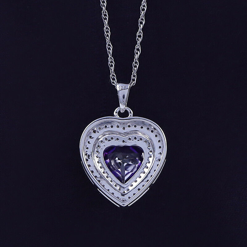 Amethyst & White Sapphire Heart Pendant Necklace Silver