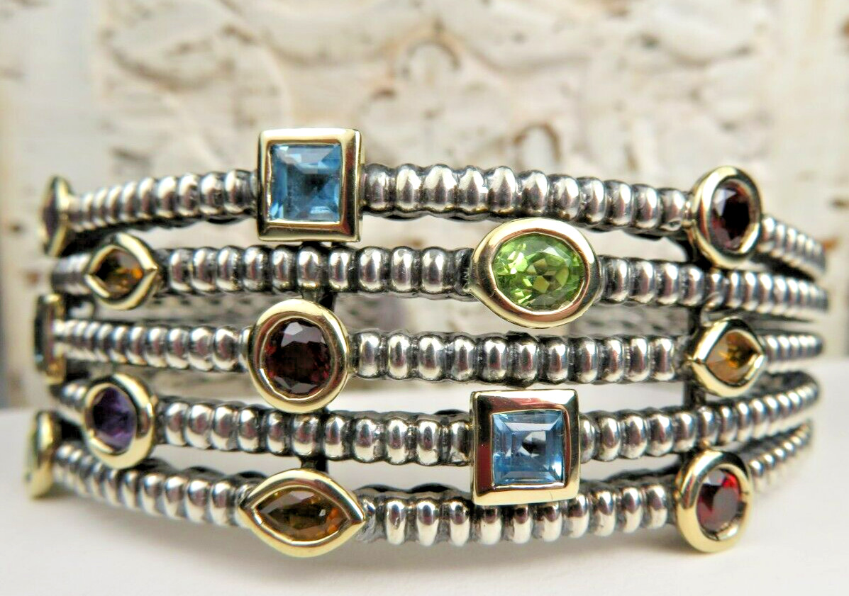 Multi Gemstone Sterling Silver & 14K Gold Bracelet