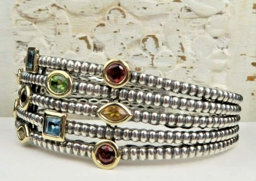 Multi Gemstone Sterling Silver & 14K Gold Bracelet