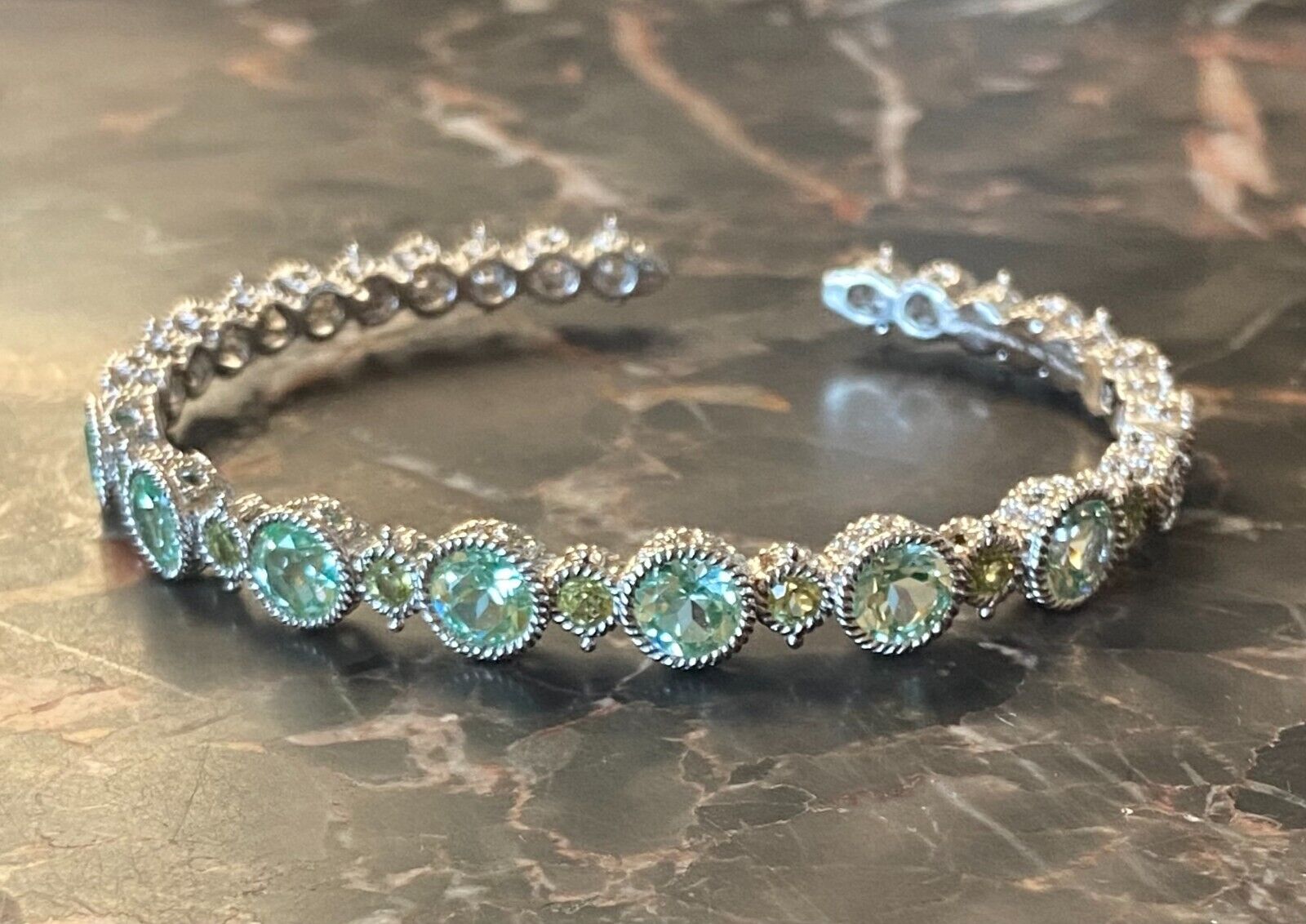 Sterling Teal Blue Diamonique & Peridot Cuff Bracelet
