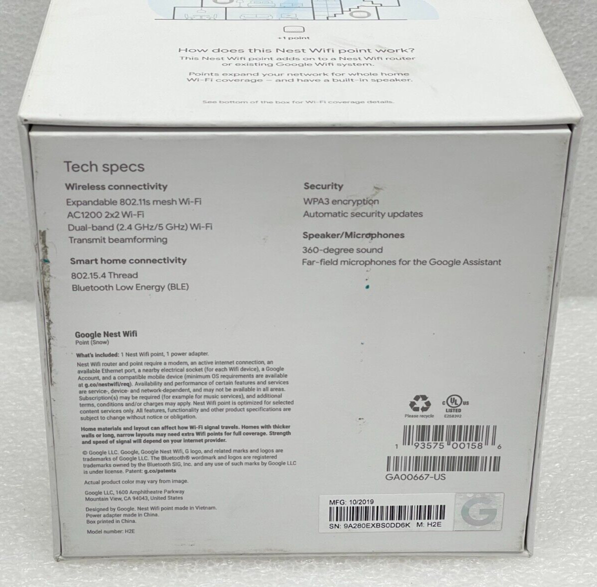 Google Nest Wifi Point (Snow GA00667-US) - Like New