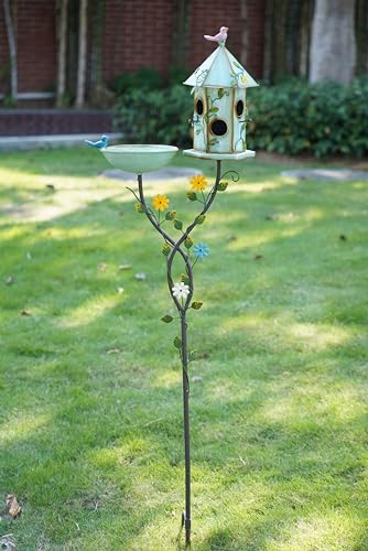 56" H Bird Baths and Bird Houses Bundle: Metal Bowl, Stake, Garden Decor