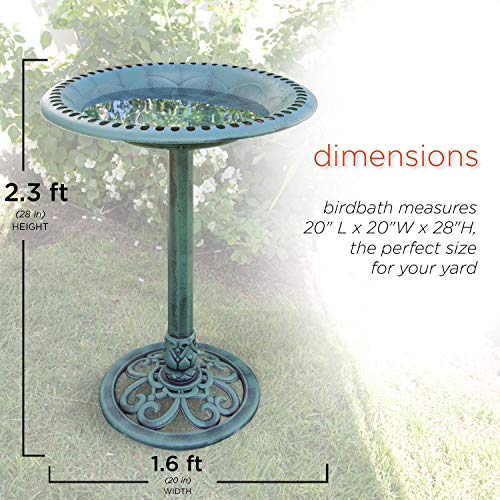 Green Outdoor Birdbath with Scrollwork Decoration, 28" Tall