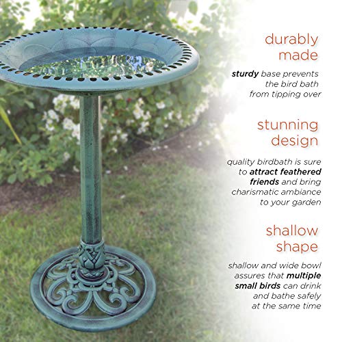 Green Outdoor Birdbath with Scrollwork Decoration, 28" Tall