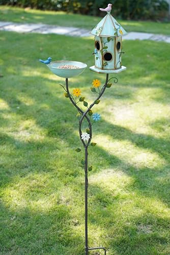 56" H Bird Baths and Bird Houses Bundle: Metal Bowl, Stake, Garden Decor