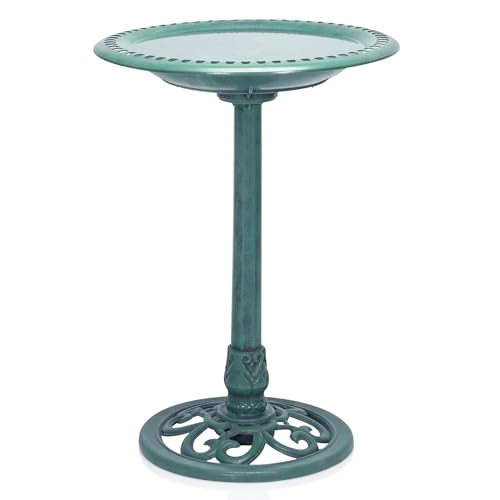 Green Outdoor Birdbath with Scrollwork Decoration, 28" Tall