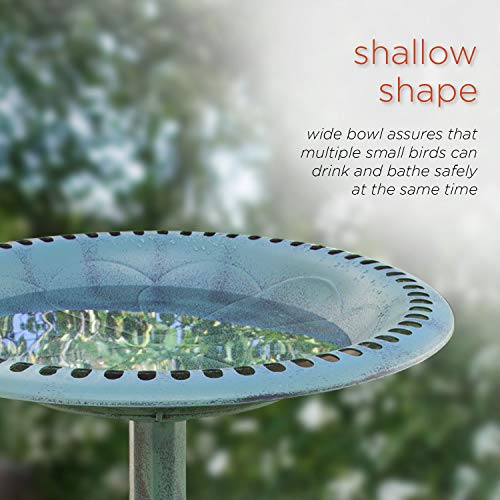 Green Outdoor Birdbath with Scrollwork Decoration, 28" Tall