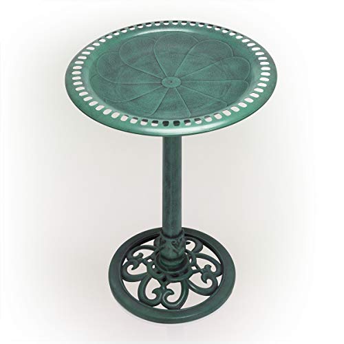 Green Outdoor Birdbath with Scrollwork Decoration, 28" Tall