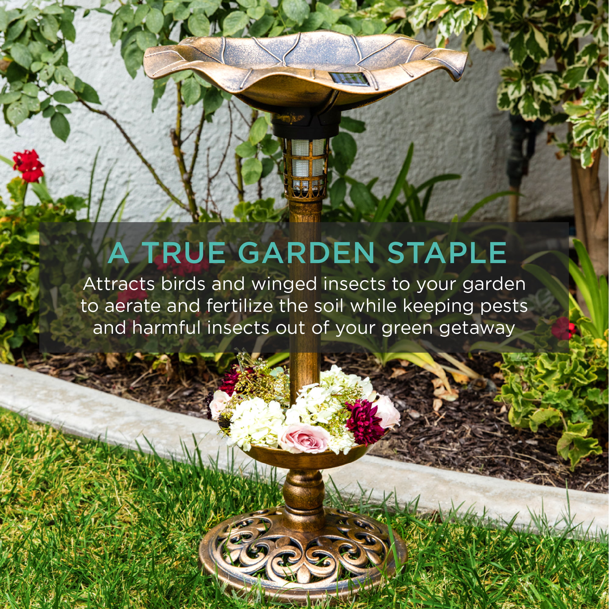 Solar Lighted Bird Bath Pedestal with Planter - Bronze
