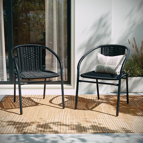 2 Pack Black Rattan Stack Chairs for Restaurants