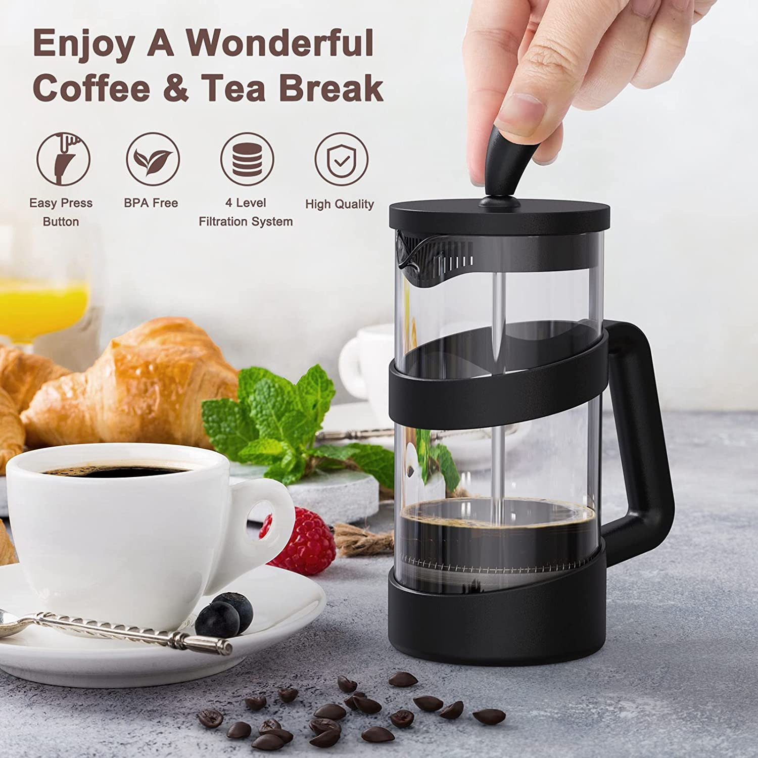 34 Oz Portable Glass French Press Coffee Maker