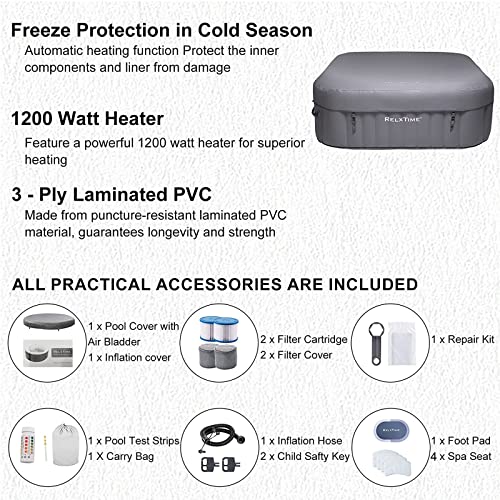 RELXTIME Inflatable Hot Tub Spa, 4-6 Person Blow Up Portable Hottub 73'' x 25.6'' AirJet Outdoor Hot Tub with 130 Bubble Jets, Built in Heater Pump, Energy Efficient Inflation Cover, Square