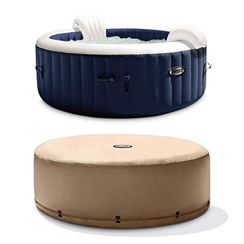 Intex PureSpa 4 Person Inflatable Portable Heated Bubble Jet Spa Hot Tub and Cover Package with Built In Heater Pump