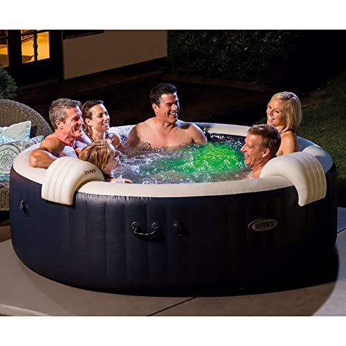 Intex 28431E PureSpa Plus 85" x 28" 6 Person Outdoor Portable Inflatable Round Hot Tub Spa with 170 Bubble Jets, Cover, LED Light, & Heater Pump, Navy