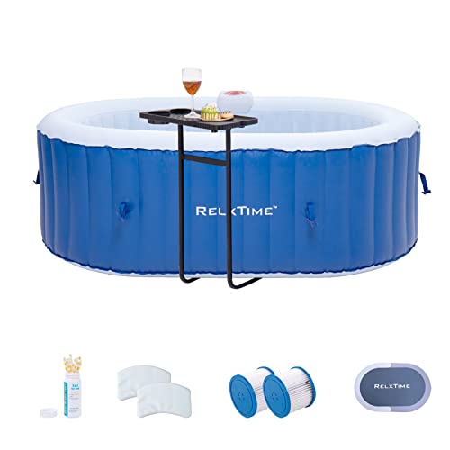 RELXTIME Inflatable Portable Hot Tub 2 Person Outdoor Air Jet Spa Oval Blow Up Hottubs with 100 Bubble Jets and Built in Heater Pump, Side Table, 2 Non-Slip Spa Seat, 2 Filter Cartridge