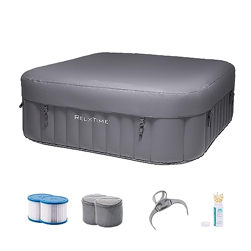 RELXTIME Inflatable Hot Tub Spa, 4-6 Person Blow Up Portable Hottub 73'' x 25.6'' AirJet Outdoor Hot Tub with 130 Bubble Jets, Built in Heater Pump, Energy Efficient Inflation Cover, Square