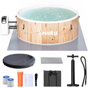 Inflatable Hot Tub, 4-6 Person Portable with 174 Bubble Jets, 42°C Heating & Filtration System, Durable PVC Material, Hot Tub Cover, Ground Mat & Storage Bag, Easy Setup for Outdoor